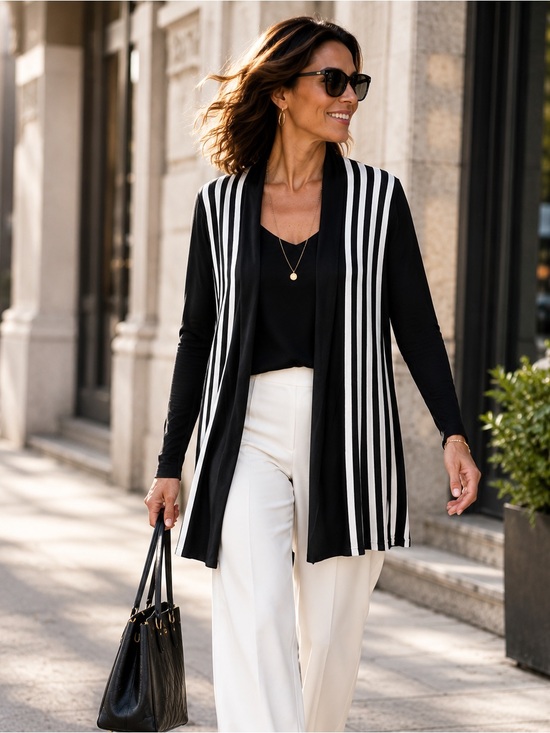 Joseph Ribkoff Sweaters - Joseph Ribkoff Black White Striped Open Front Cardigan Minimalist Jacket Size 10